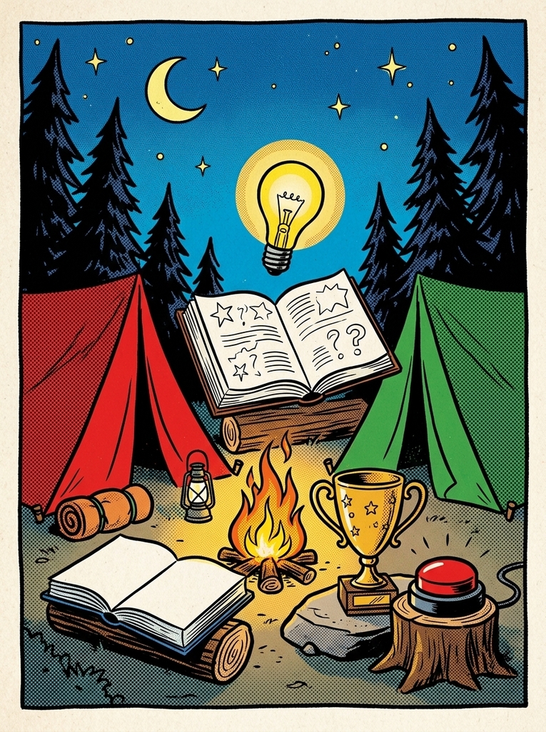 Illustration in a classic Sunday morning newspaper comic strip style, featuring a nighttime camping scene with no text. In the center, a bright yellow lightbulb glows above a campfire surrounded by green pine trees, tents, a sleeping bag, and a crescent moon in a starry sky. Academic and quiz bowl elements are integrated throughout: a large open book sits on a log, a golden trophy stands on a rock, and a large red buzzer rests on a tree stump in the foreground. The art uses bold black ink outlines and retro Ben-Day dot shading textures.