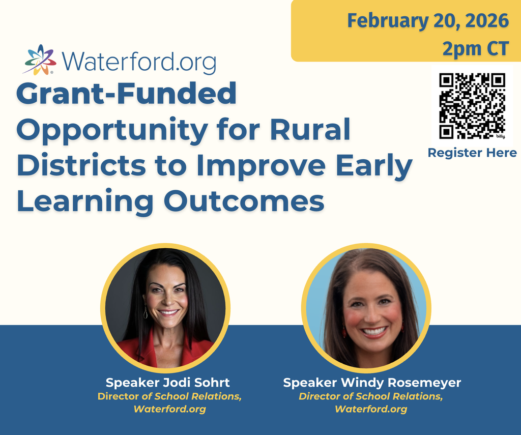 Promotional graphic for a Waterford.org event titled "Grant-Funded Opportunity for Rural Districts to Improve Early Learning Outcomes." Scheduled for February 20, 2026, at 2 pm CT, featuring speakers Jodi Sohrt and Windy Rosemeyer. Includes a QR code for registration.