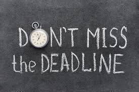 Chalkboard with "Don't Miss the Deadline" written in white chalk next to a stopwatch. The tone is urgent, emphasizing time management.
