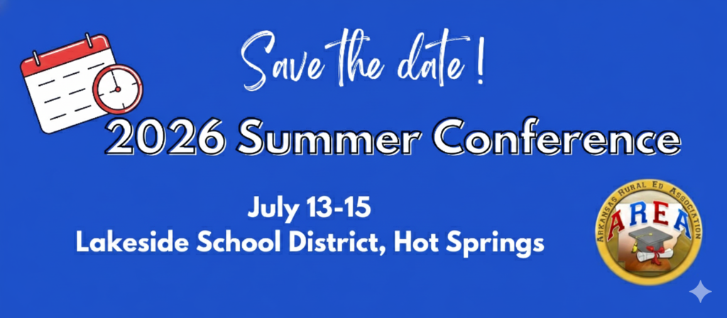 Save the date announcement for 2026 Summer Conference, July 13-15, at Lakeside School District, Hot Springs. Features calendar icon and AREA logo.
