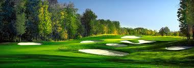 Sunny golf course with lush green fairways and several sand bunkers. Dense trees surround the area, creating a calm and inviting atmosphere.