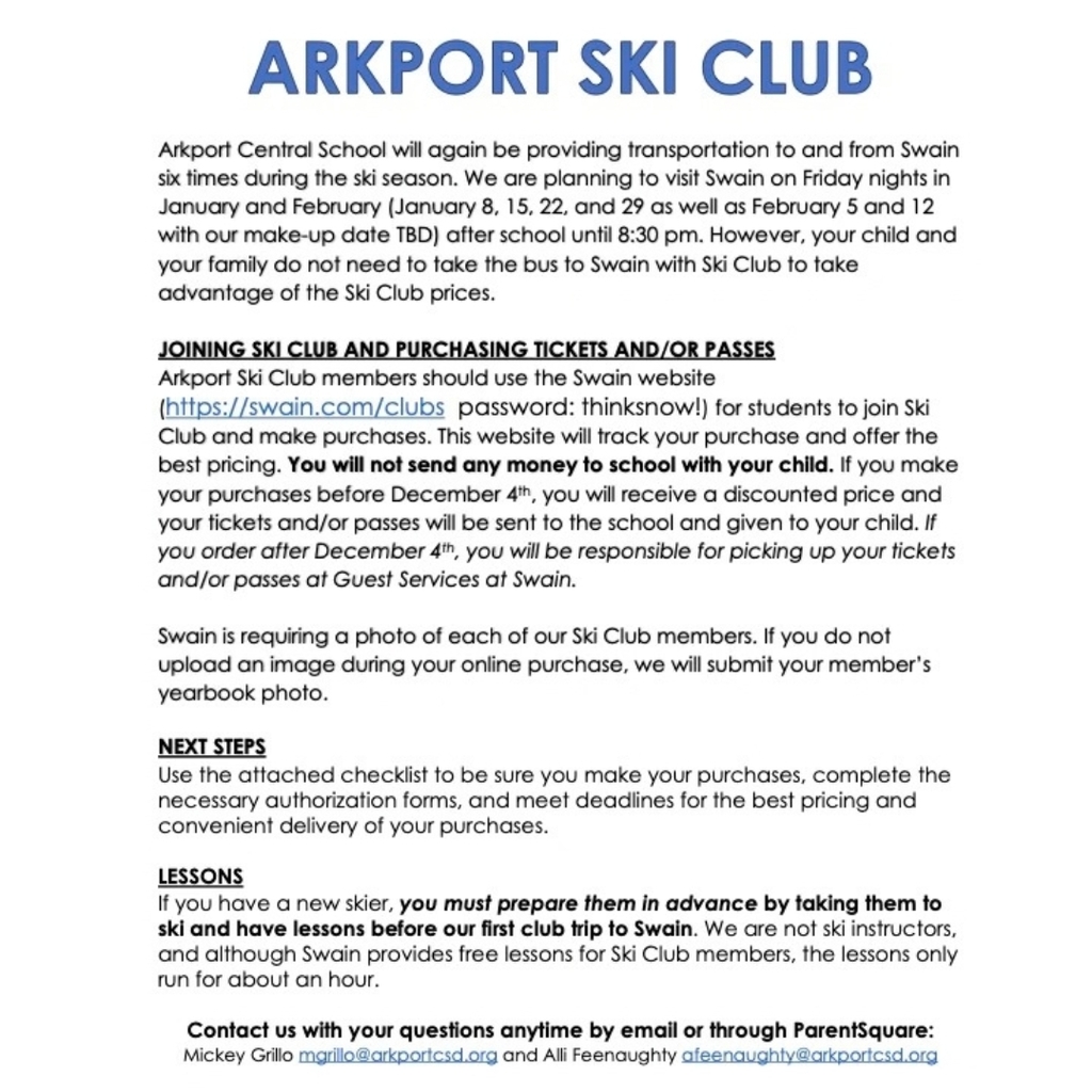 Ski Club 2026 Info