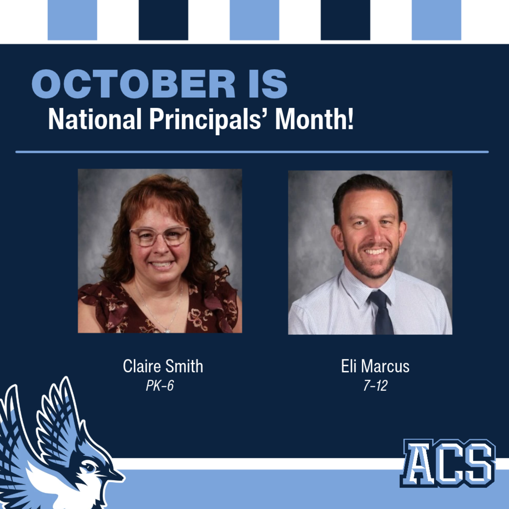 Text reads "October is National Principals' Month" with two portraits of the Arkport principals. Photos are captioned "Claire Smith PK–6" and "Eli Marcus 7–12"