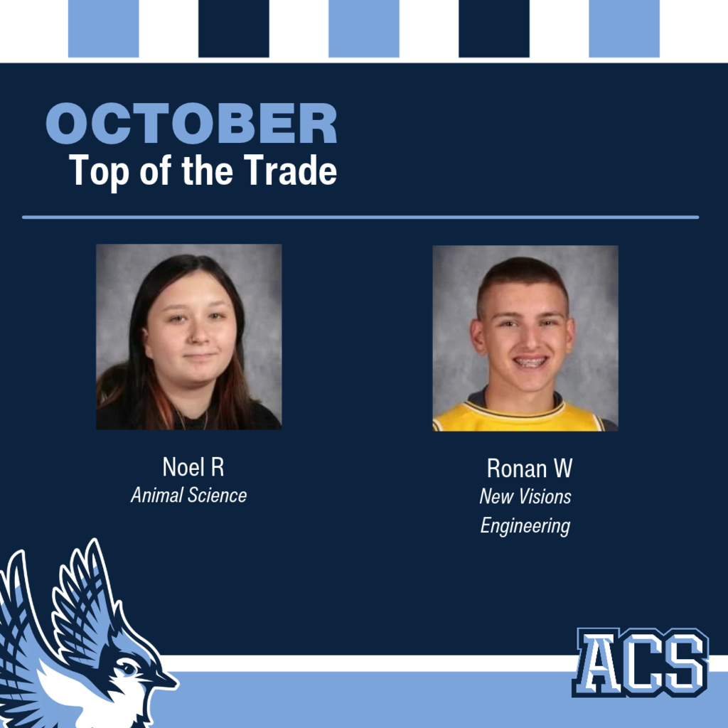 Graphic showing the October Top of the Trade: Noel R for Animal Science and Ronan W for New Visions Engineering
