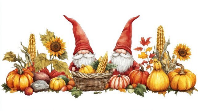 white background with pumpkins and gnomes
