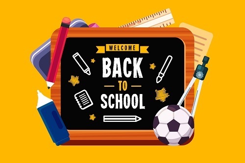 yellow background with sports and school items