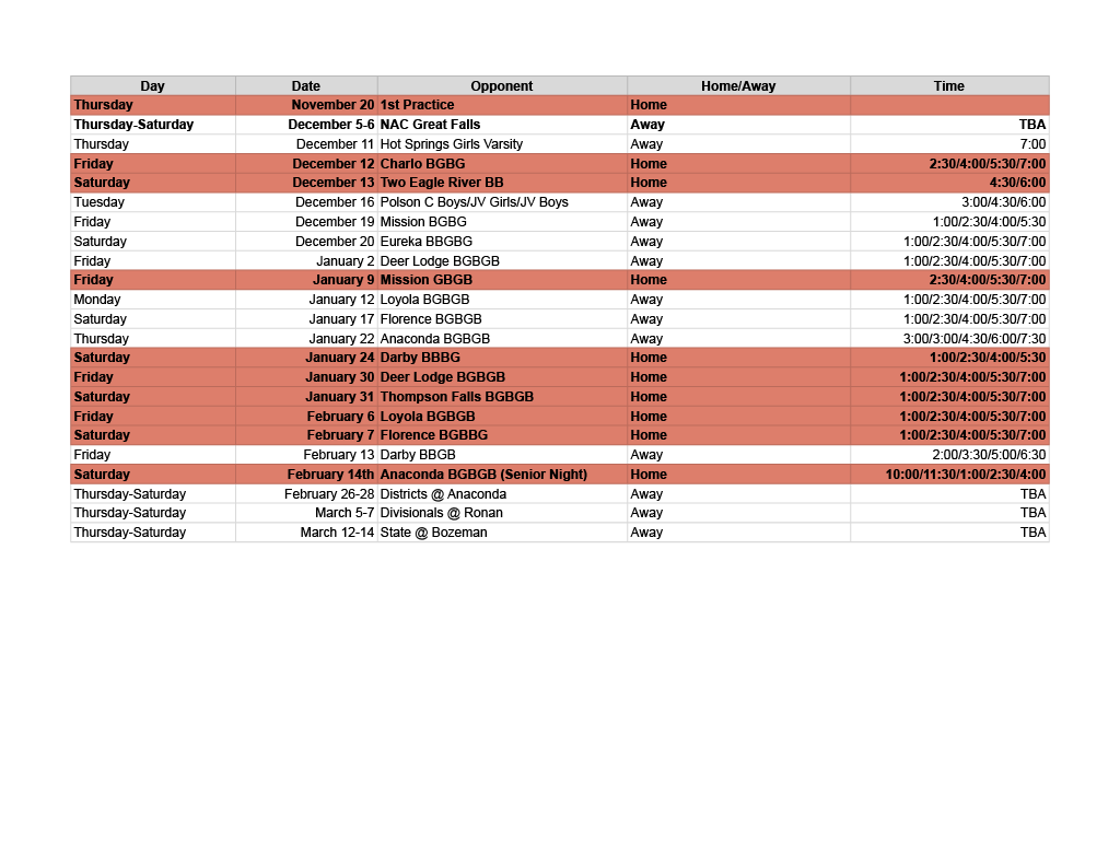 Updated HS Basketball Schedule