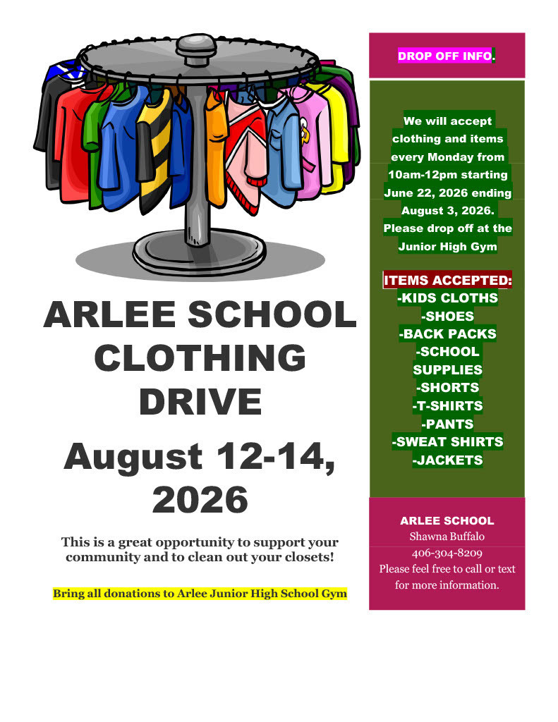 Arlee School Clothing Drive August 12-14
