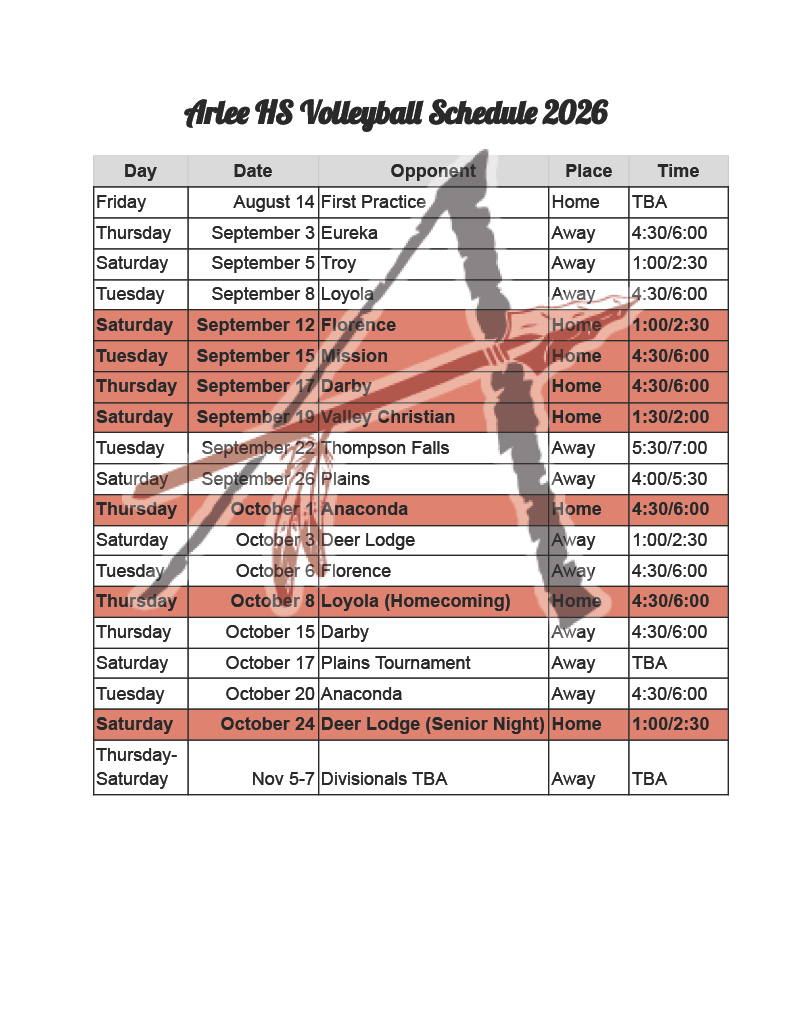 Arlee HS Volleyball Schedule 2026