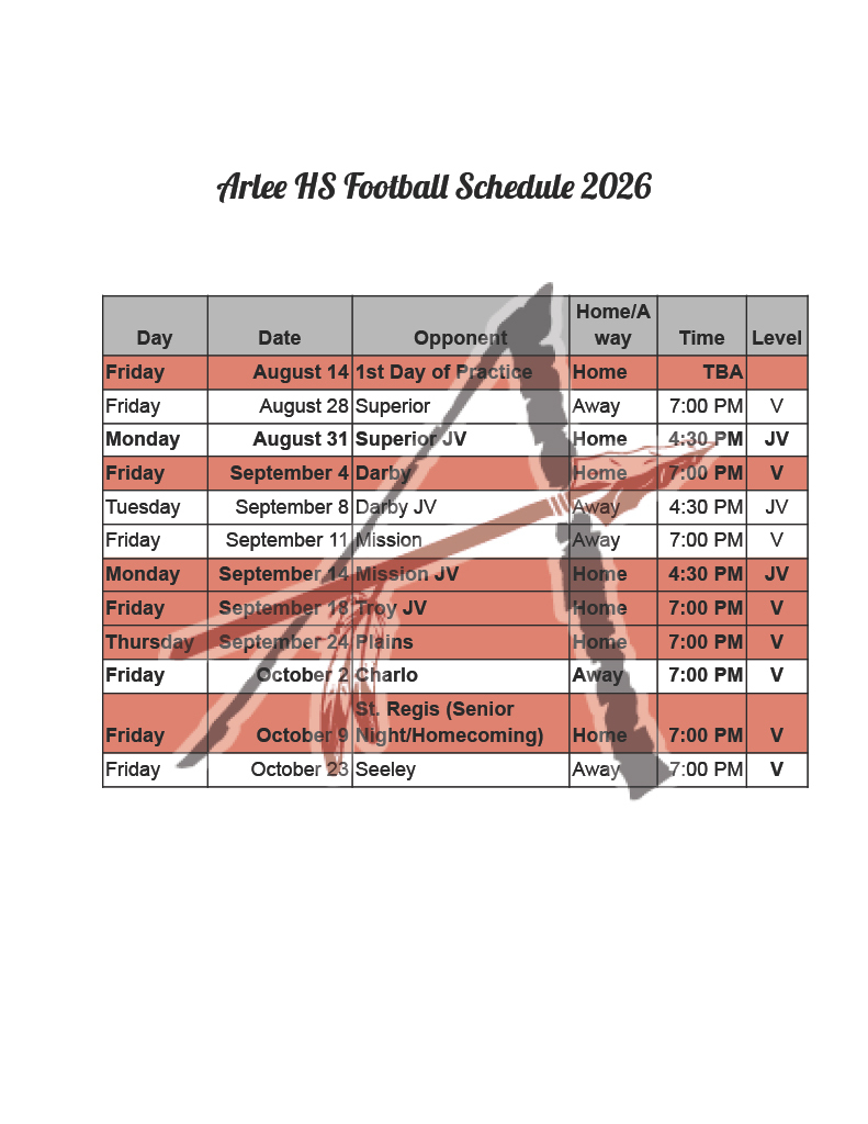 Arlee HS Football Schedule 2026