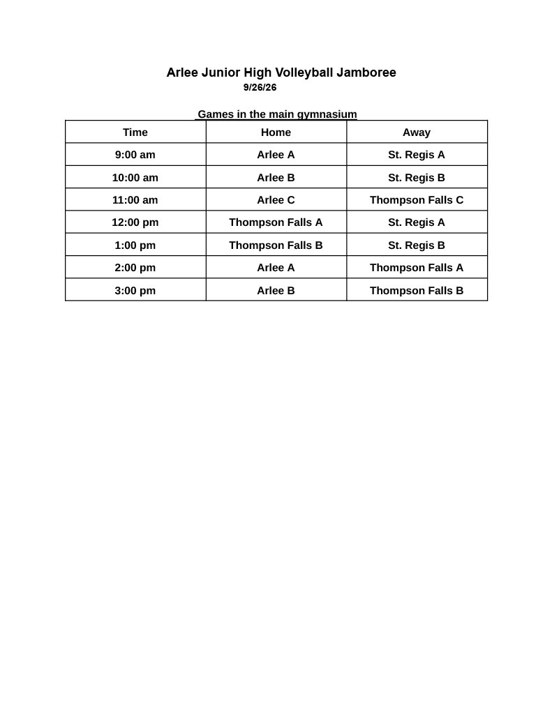 Arlee JHVB Jamboree 9/26 Schedule