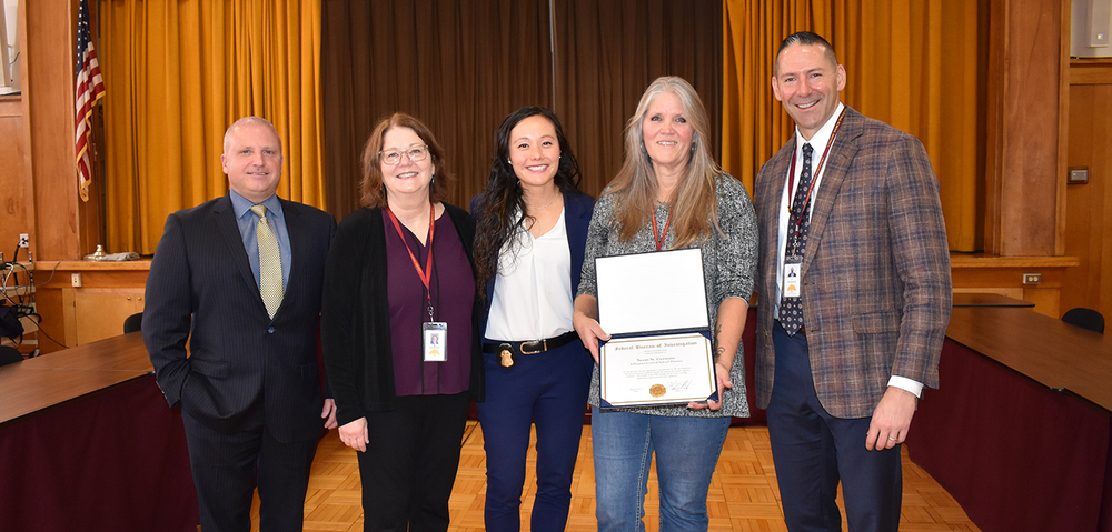 L to R: Sheriff Imperati, Arlington BOE President Mrs. Mary Anne Meaden, Agent Fisher, Ms. St. Germain, and Arlington Superintendent Phil Benante, Ed.D.