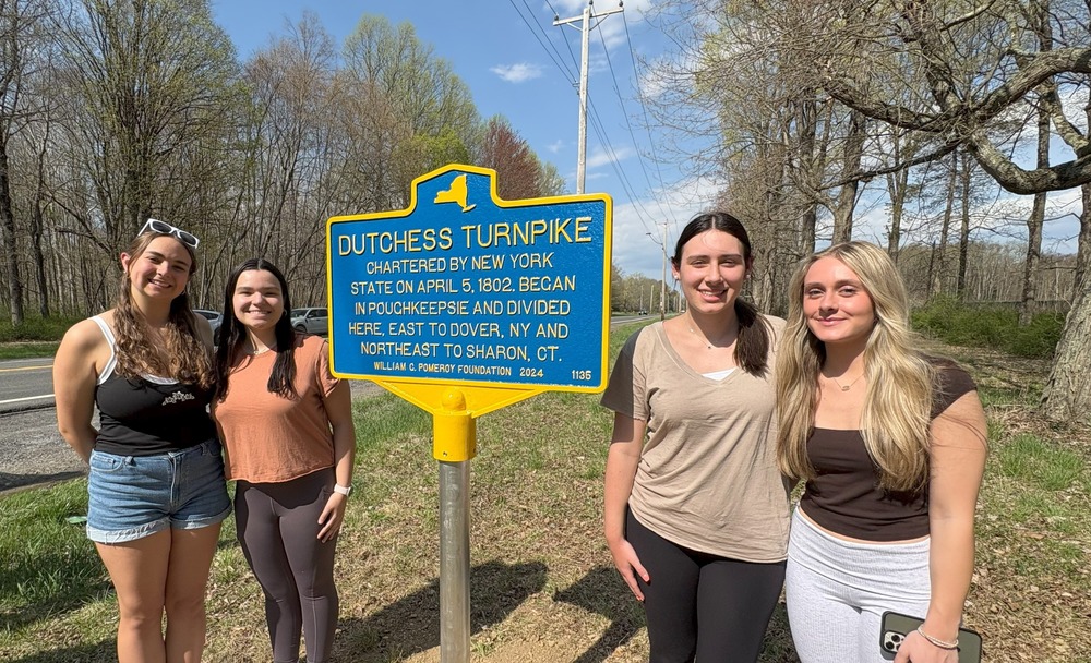 AP Students with new historic marker for Dutchess Turnpike