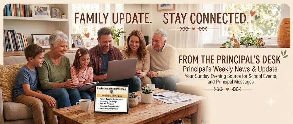 Family Update Banner - From the Principal's Desk - Weekly News and Update.  Your Sunday evening source for school events and principal messages.