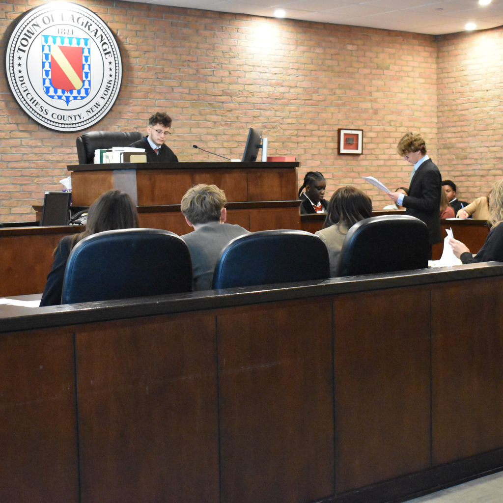 Students participating in a mock trial at LaGrange Town Hall
