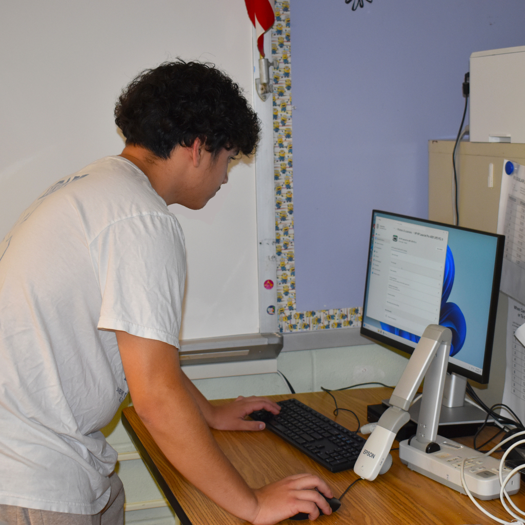 Summer intern standing at computer looking at screen