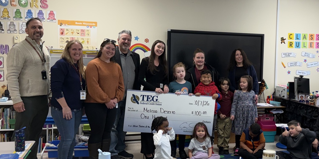 Beekman Teacher Melissa Deserto was awarded a $100.00 check by TEG Credit Union after being awarded the Q92 Teacher of the Month award for October.