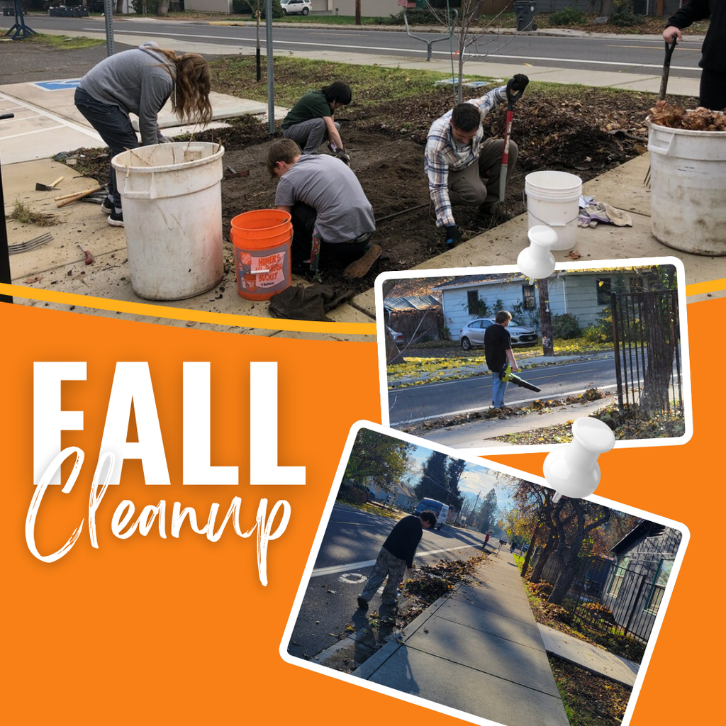fall cleanup pictures of students leaf blowing & putting down mulch