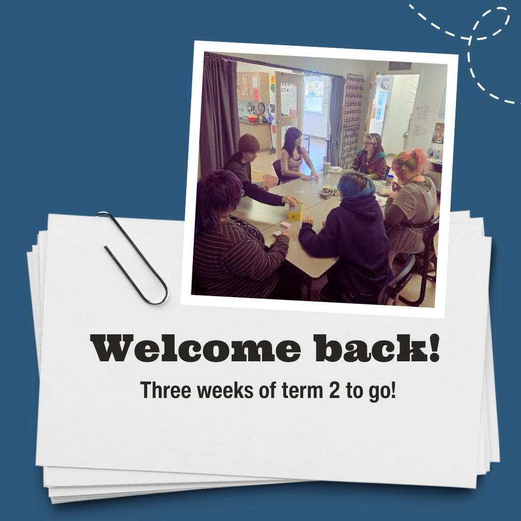 welcome back message with picture of students conversing around a table