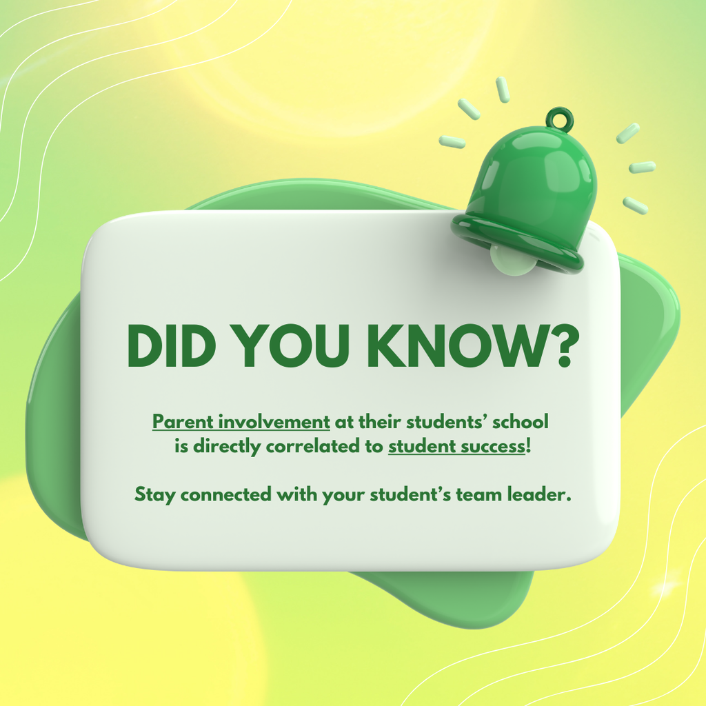 Parent involvement is directly correlated to student success. Green bell on yellow background with white block and green lettering. 