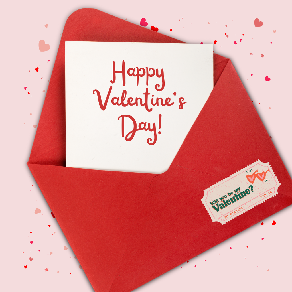 happy valentines day coming out of an envelope