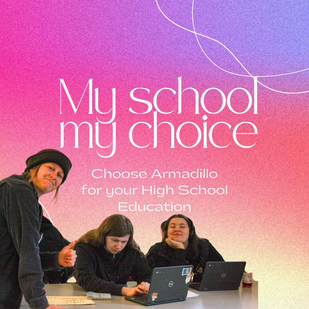 pink and purple background with my school my choice written. Teacher with two students working on chromebooks