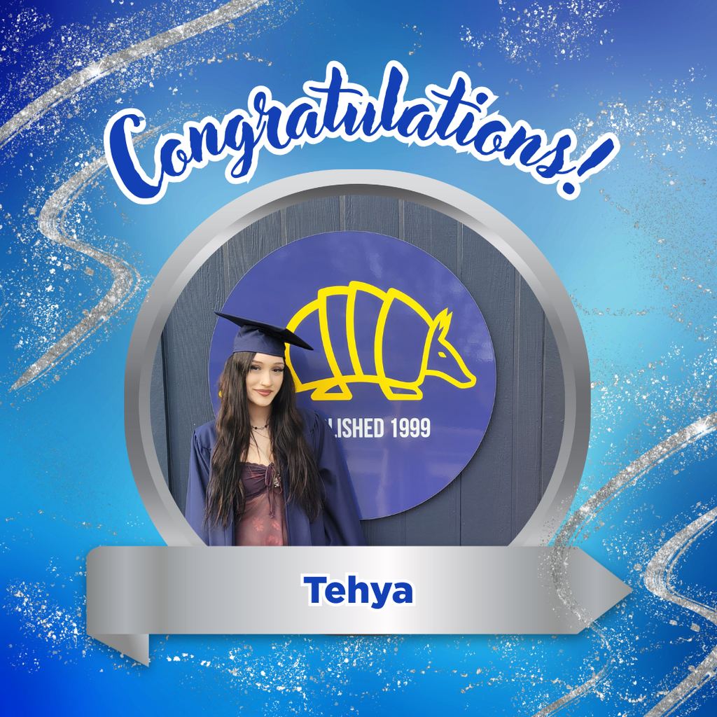 Congratulations in blue with round picture of student and name Tehya under in blue writing