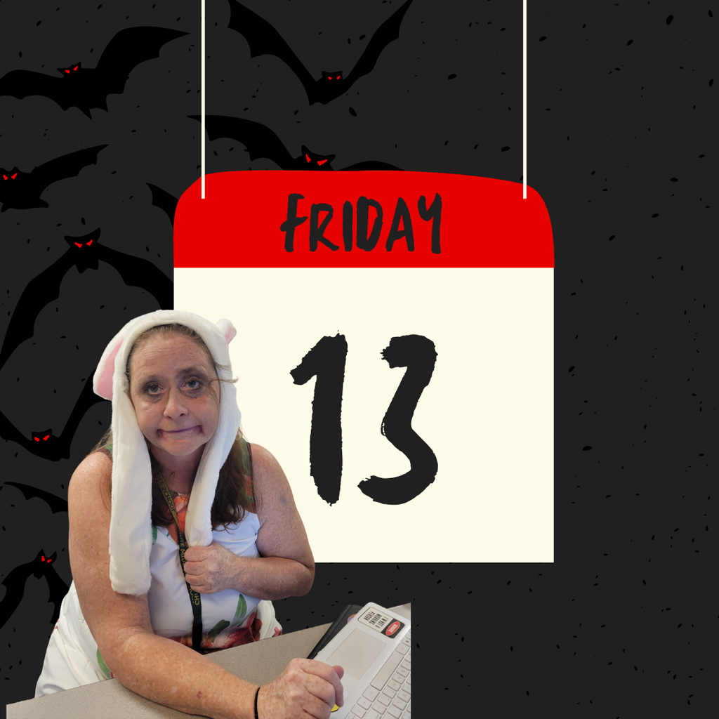 teacher with dead bunny costume on with friday 13th in background