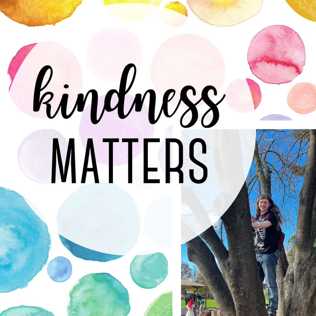 polka dot background with kindness matters in black writing and a picture of a student climbing a tree