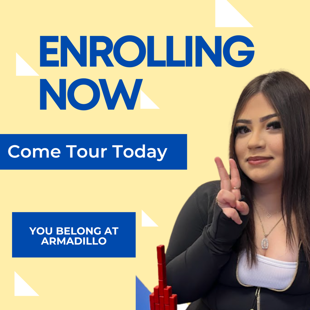 Student giving peace sign with enrolling now sign