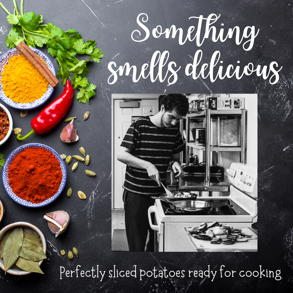 student cooking potatoes on stove with a cutting board in background with spices on the left