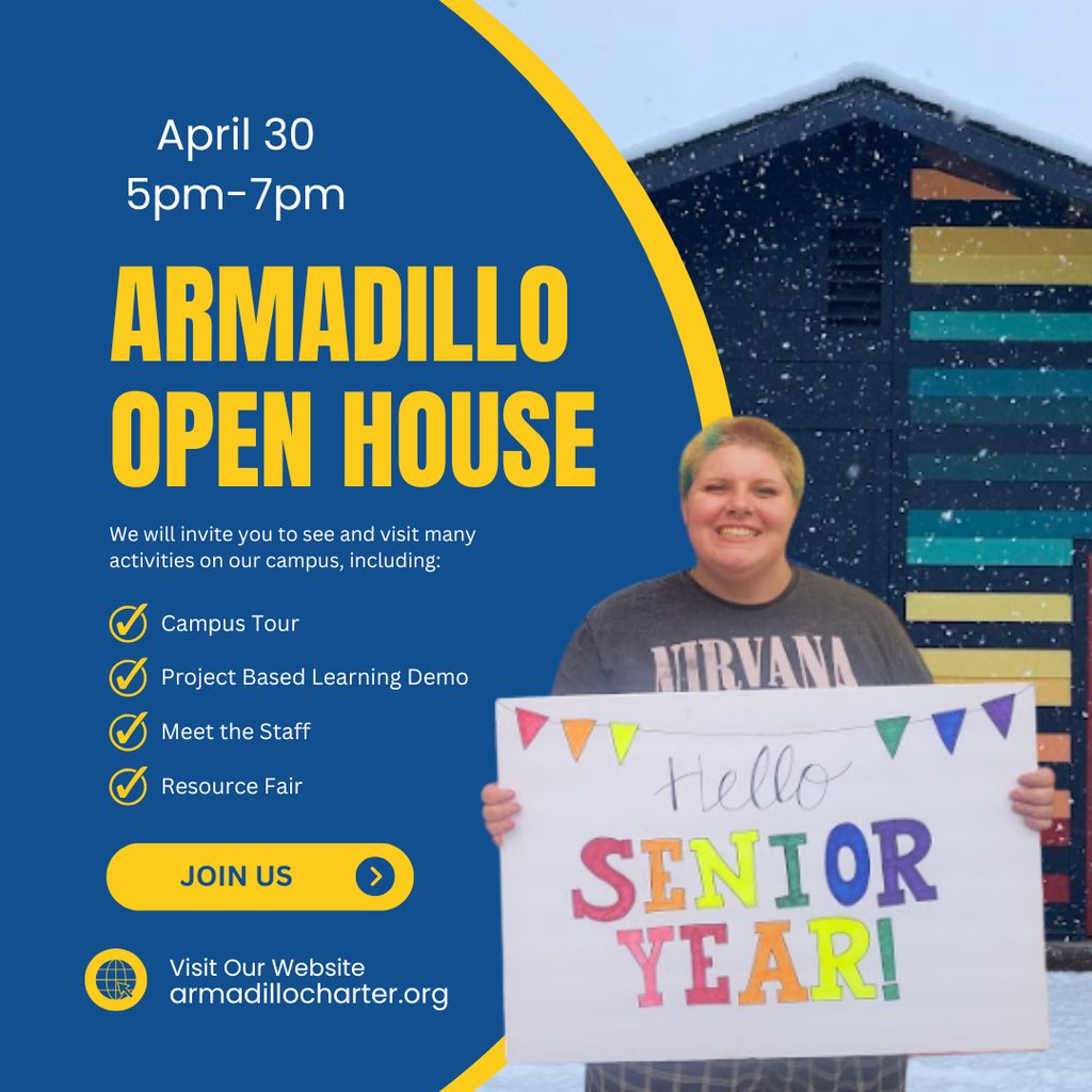 Armadillo open house on blue and yellow with student holding hello senior year sign in front of snowy building