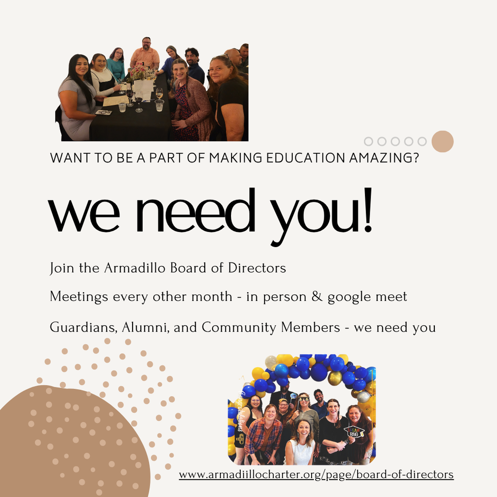 We Need You - Join the Board - with two pictures of Armadillo staff on a beige background