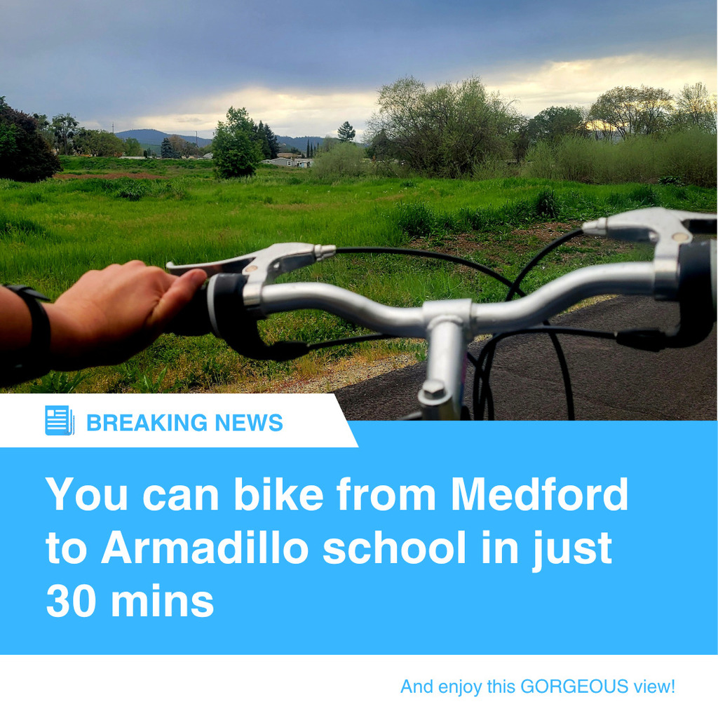 picture of hand on bike handlebars overlooking field and sunset with white on blue background wording saying you can bike from medford to armadillo in just 30 mins and enjoy the gorgeous view