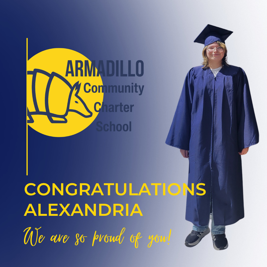 student in cap and gown in blue background with yellow lettering