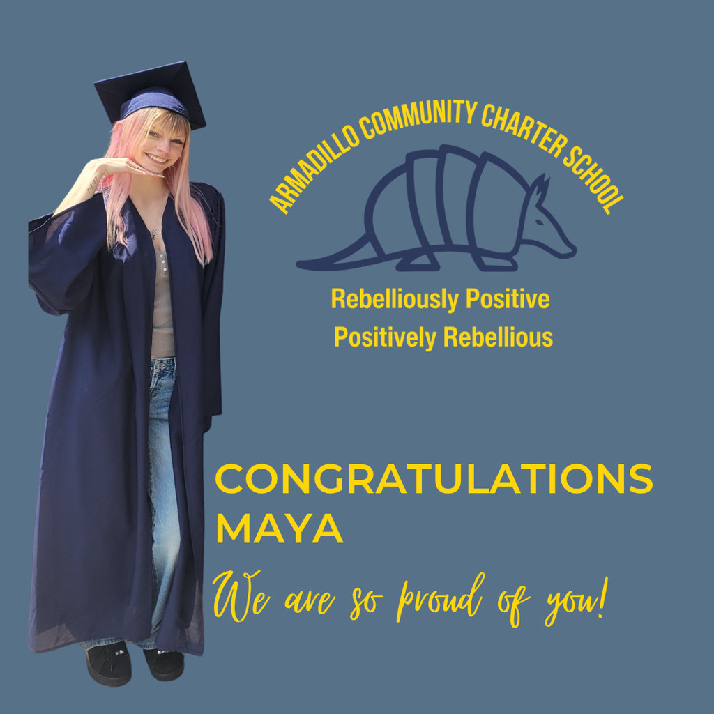 student in cap and gown in blue background with yellow wording