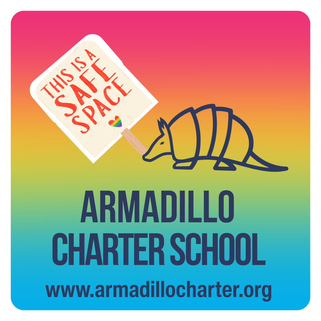 Armadillo logo on rainbow background with sign stating this is a safe space with rainbow heart