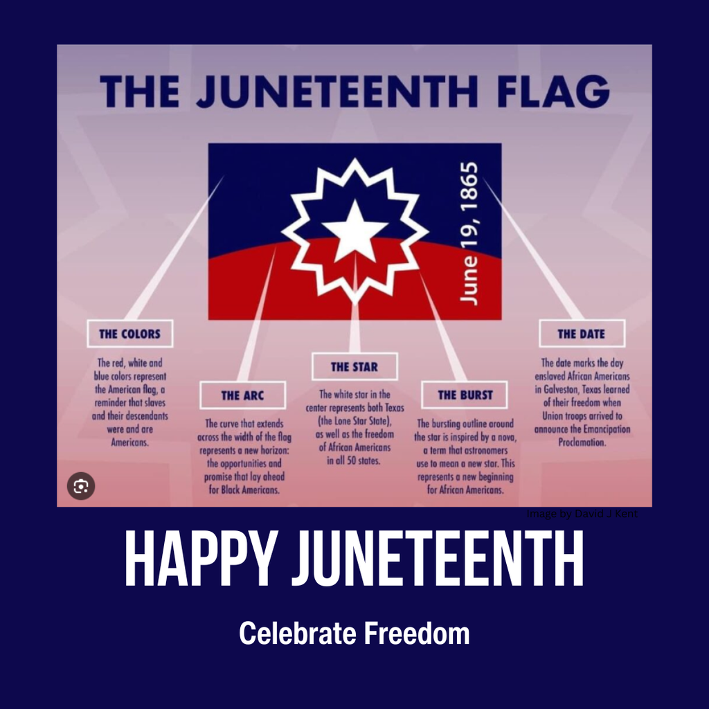 Juneteenth flag & it's symbolism with happy juneteenth celebrate freedom written in white letters on blue background