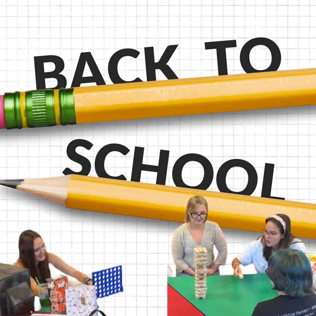 Back to school written on top of two oversized pencils. Student playing connect four and another two students playing jenga
