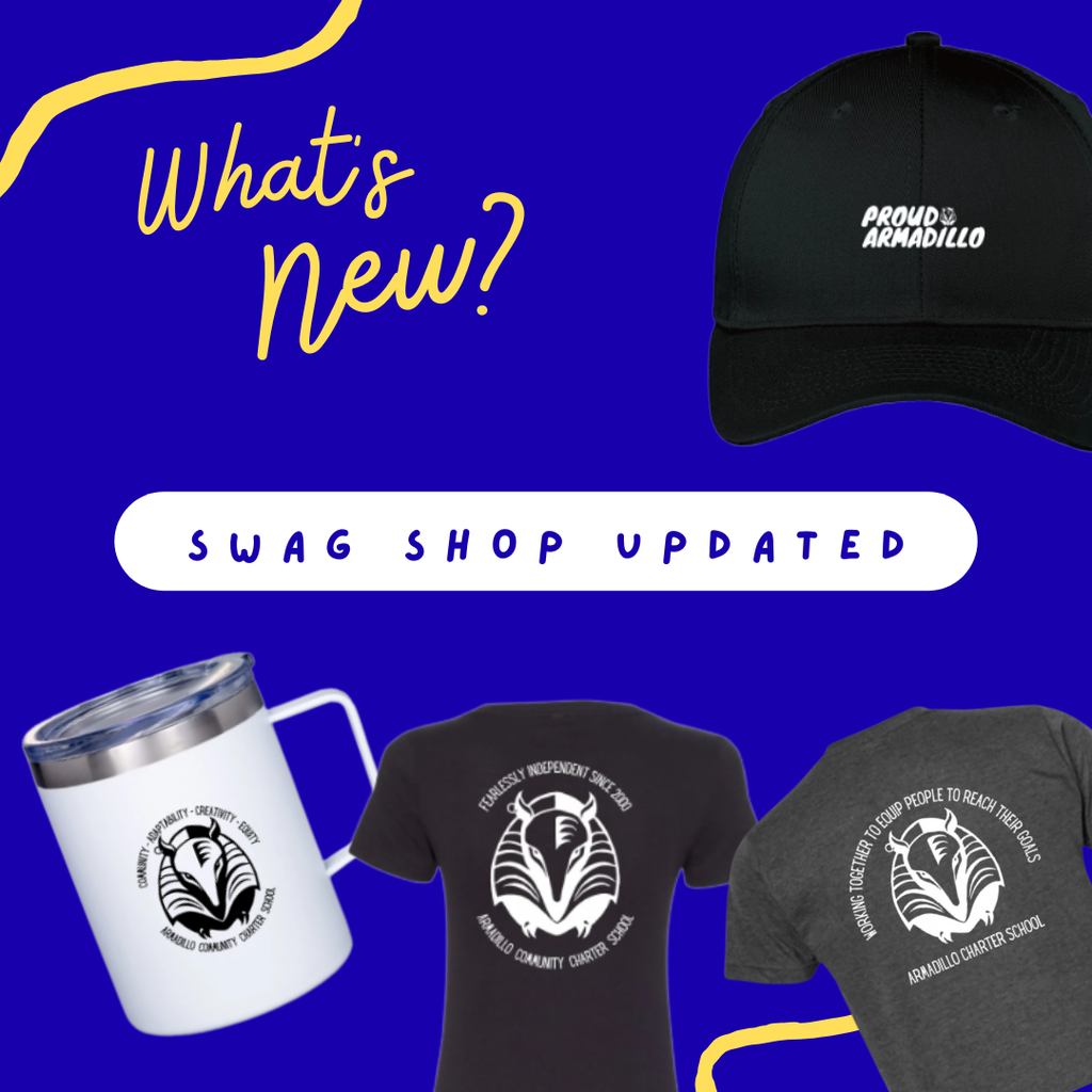 whats new in yellow on a blue background. swag shop updated written in blue on white banner. Picture of items in the swag shop, including mug, two shirts, and a hat