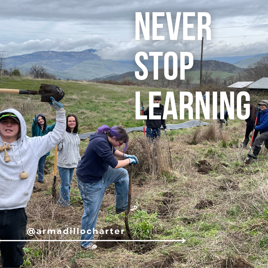 Never stop learning written in white over a photo of students doing riparian work in a field