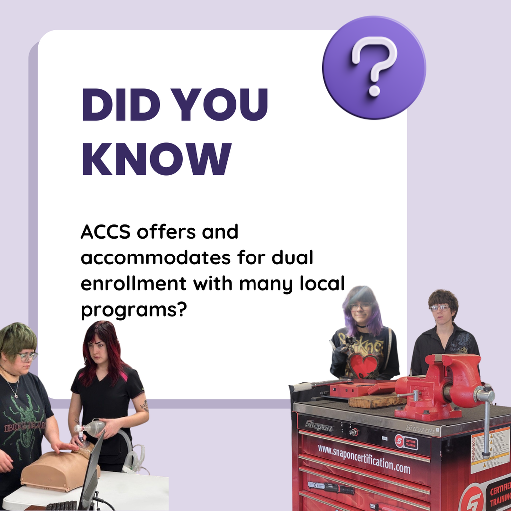 Did you know written in blue on a light purple background. A white question mark in a purple circle at the top right. Two photos, one of students learning to draw blood and one of two students behind a mechanics tool box