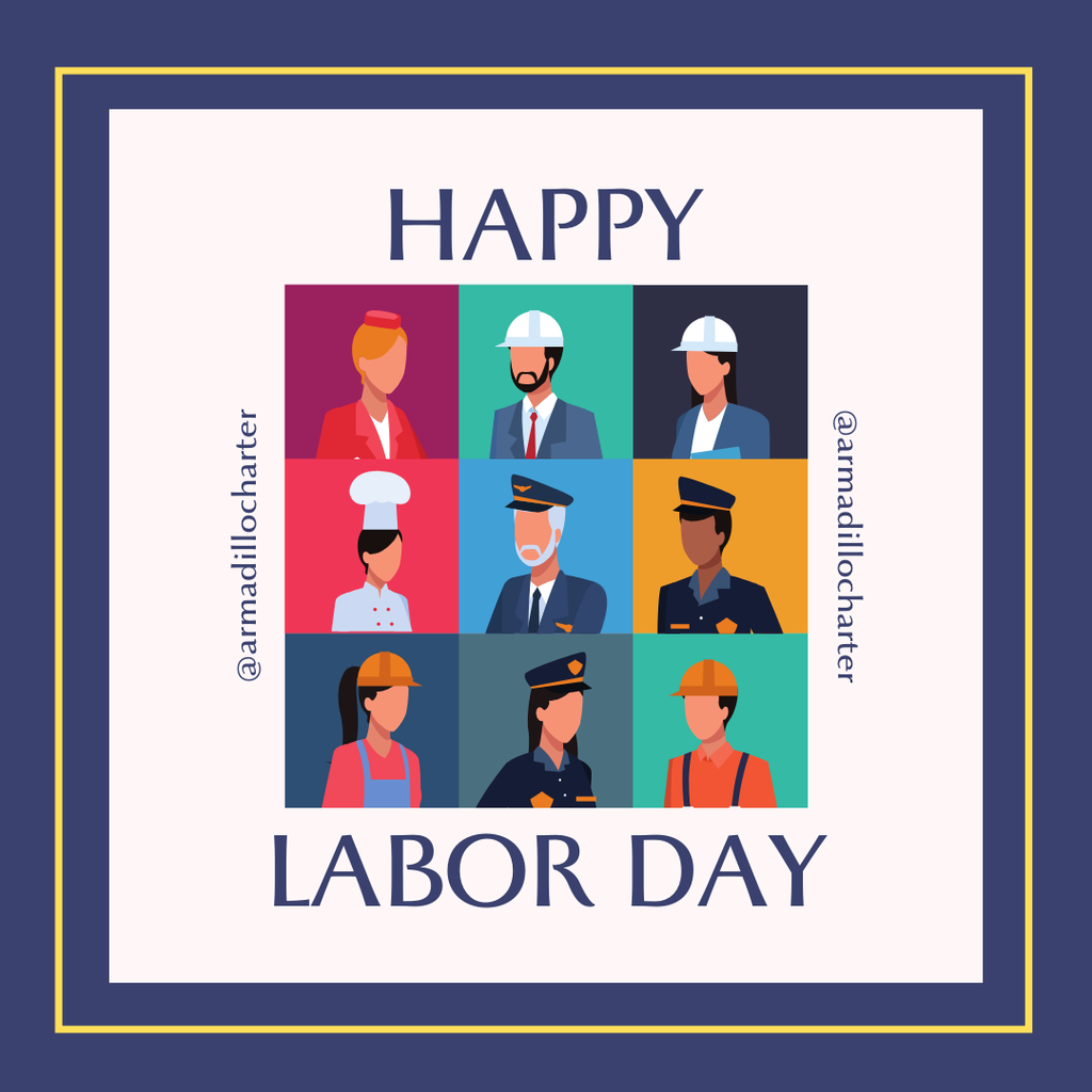 happy labor day in blue writing surrounding a group of 9 cartoon drawings of different laborers