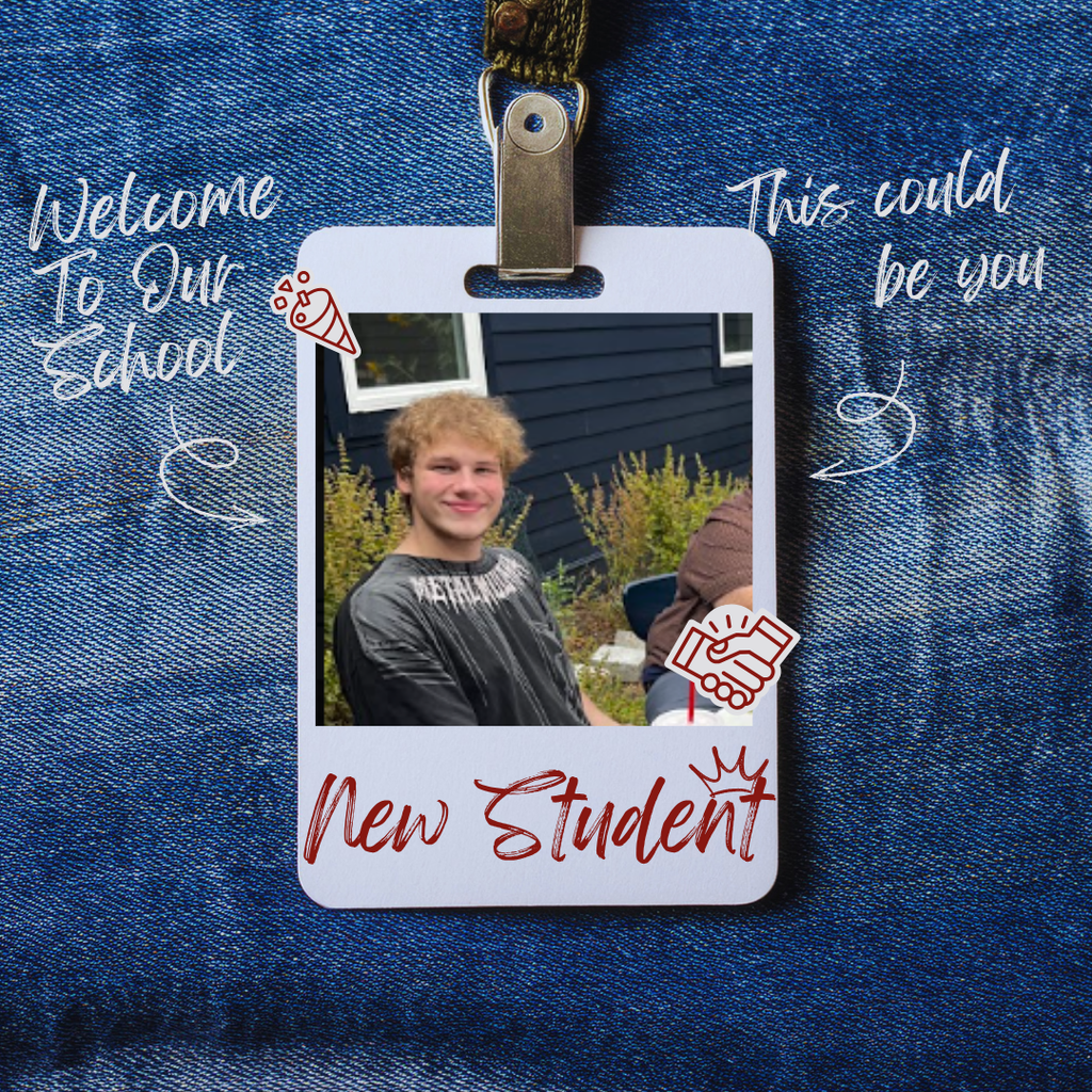 New student id badge on a jeans background with welcome to our school and this could be you written in white