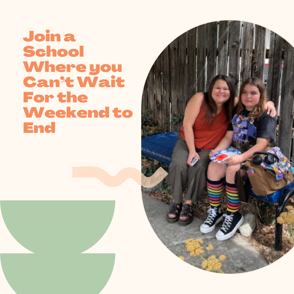 Join a school where you can't wait for the weekend to end written in orange next to a picture of a mom and child on a bench in the school courtyard