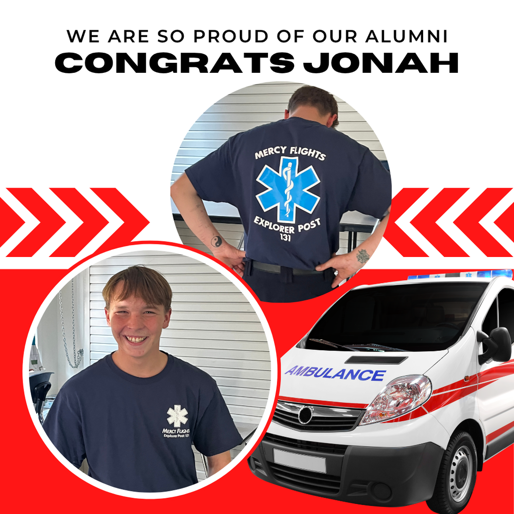Red on white with ambulance picture and two photos of student in mercy flights explorer shirt. 