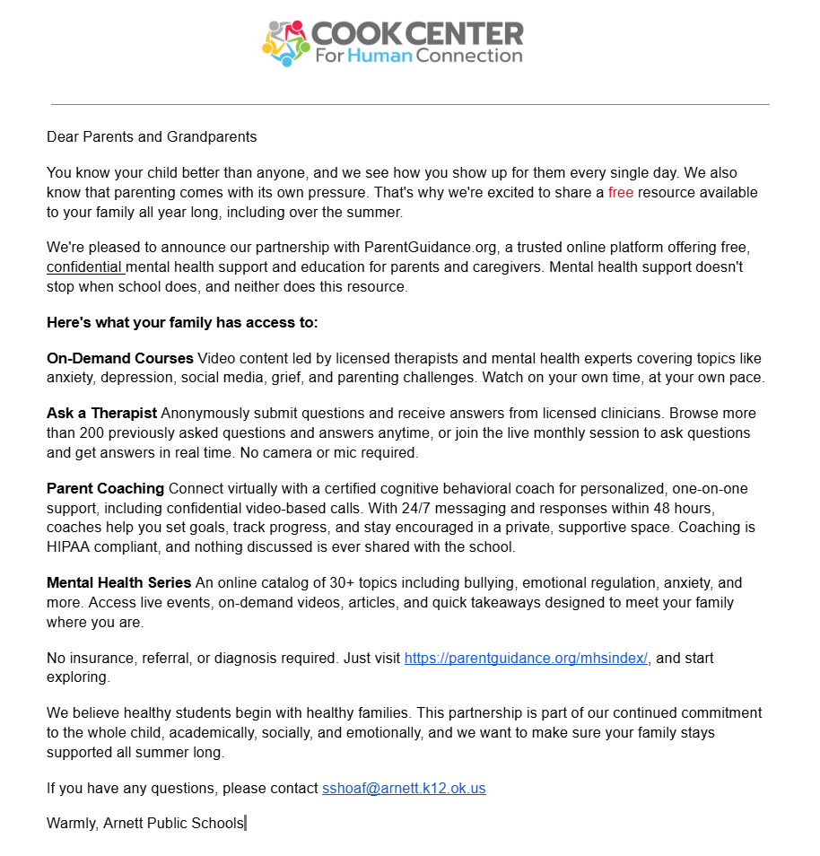 Cook Center letter to family 