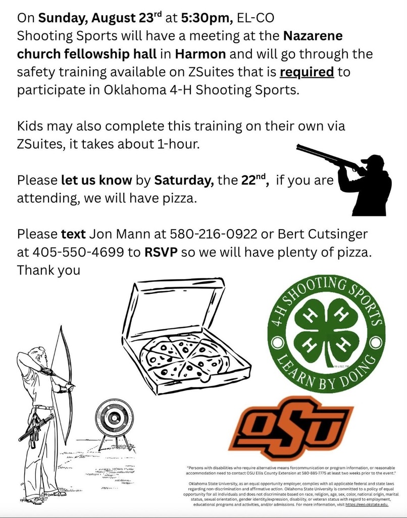 Sunday August 23 at 5:30 EL-CO meeting at the Nazarene Church in Harmon for safety training.
