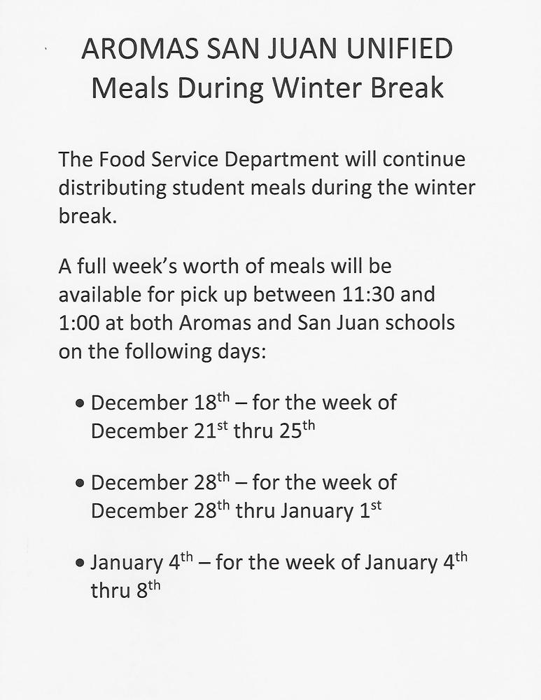 MEALS - During Winter Break