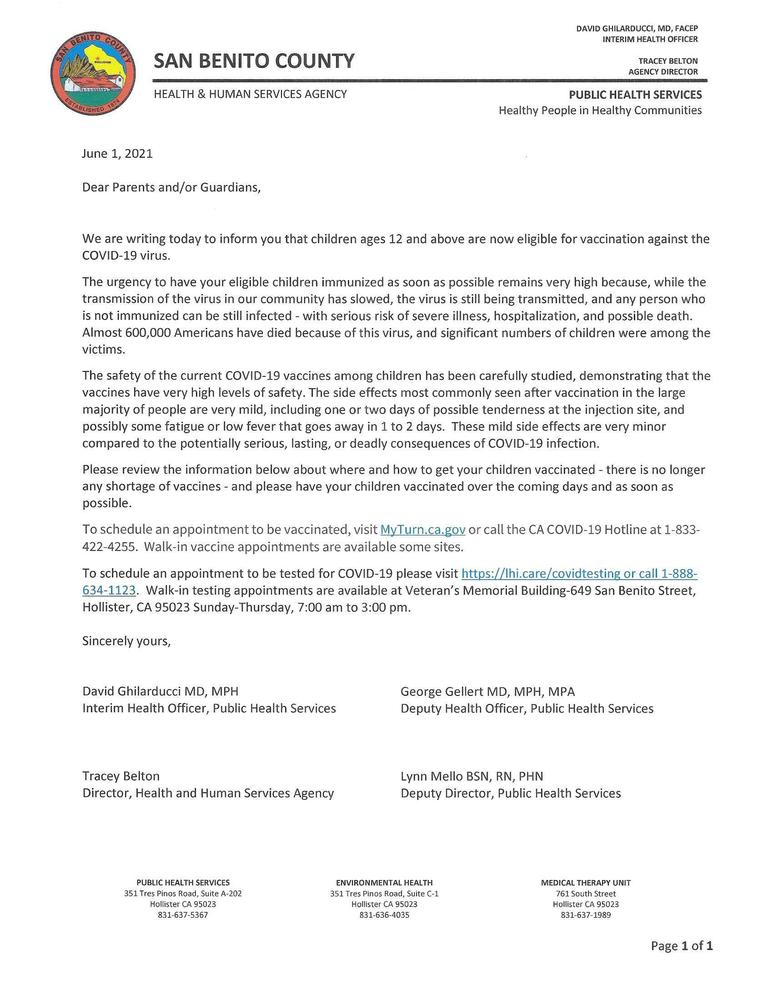 San Benito County - Letter to Parents